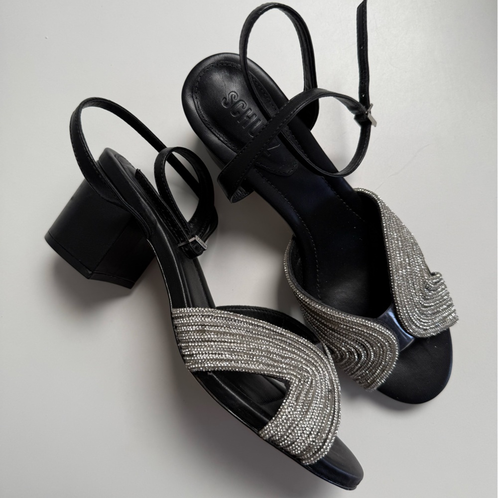 SCHUTZ Black and Silver Heeled Sandals